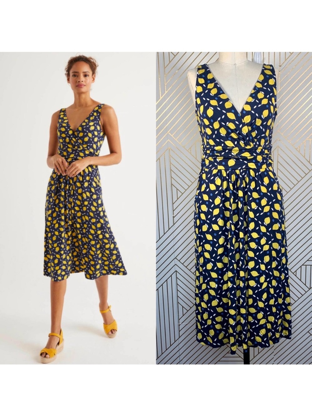 Boden Effie Jersey Dress Navy Lemon Fruit Print